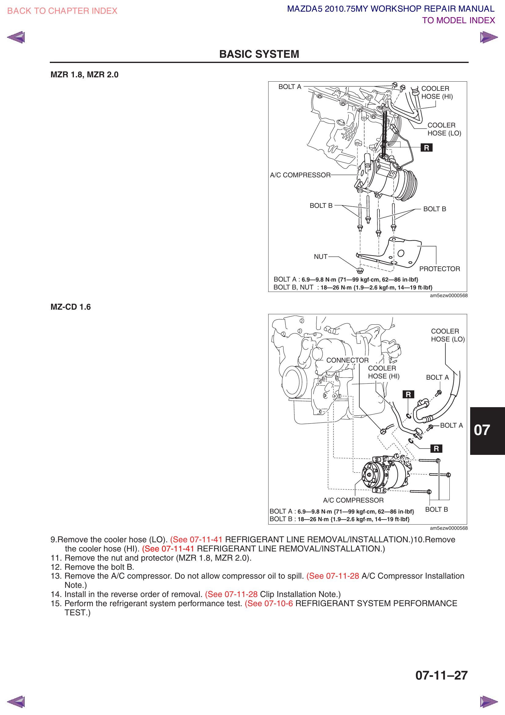 Compressor bolt A, bolt B, cooler hose HI, cooler hose LO