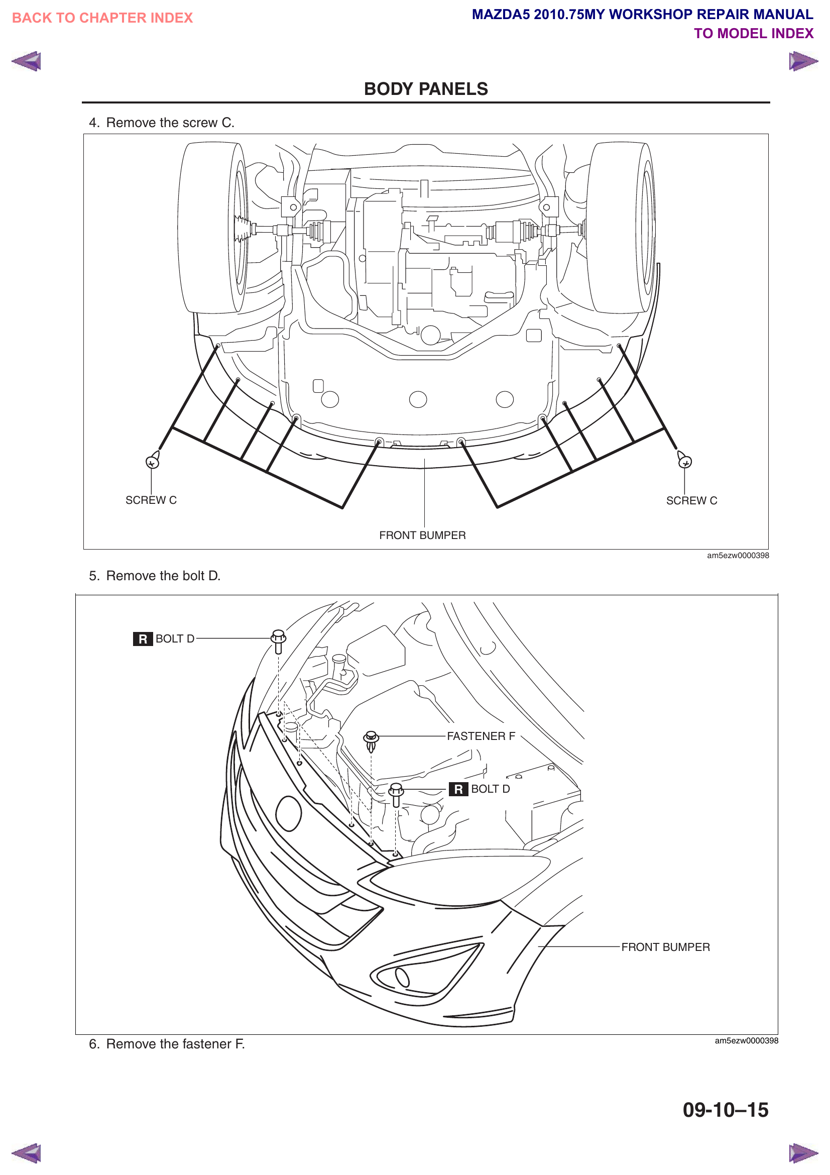 Bumper screw C, bolt D, and fastener F